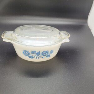 VTG Anchor Hocking Fire-King Blue Floral Milk Glass Cornflower Casserole Dish
